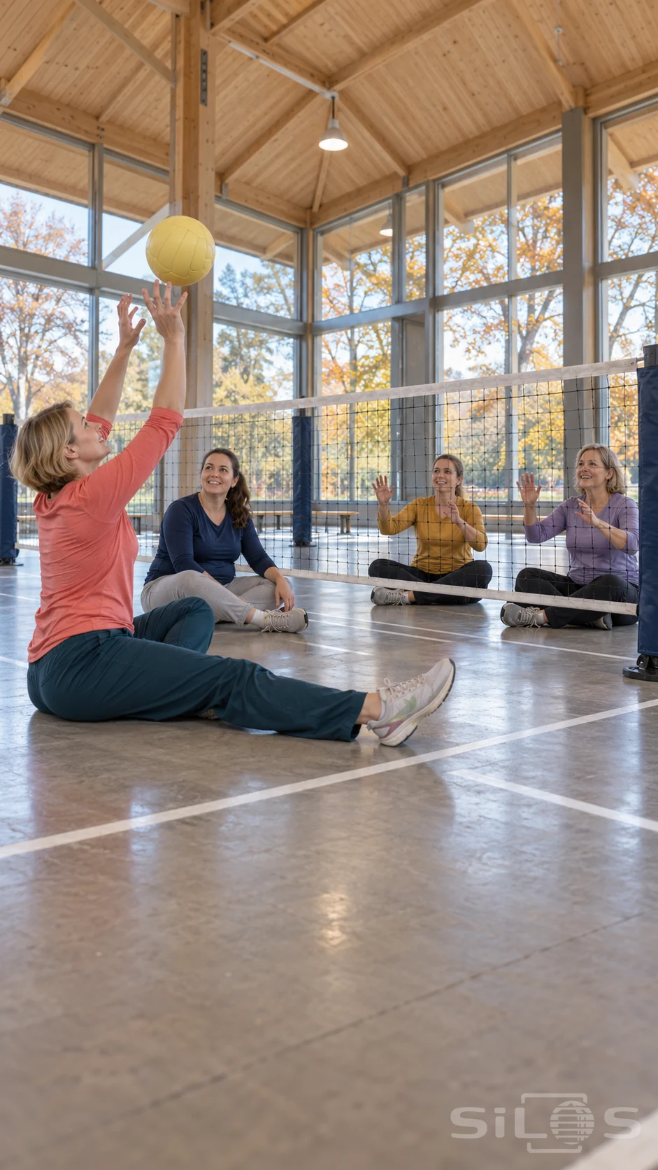 Four adult women share a sitting volleyball rally across a low court net inside a bright timber pavilion.
