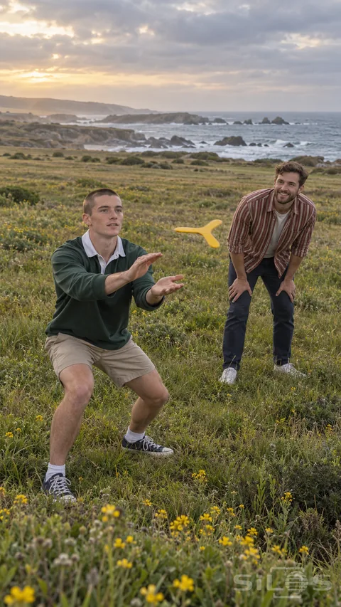 Two friends watch a yellow boomerang return over a coastal meadow with wildflowers and rocky surf beyond.