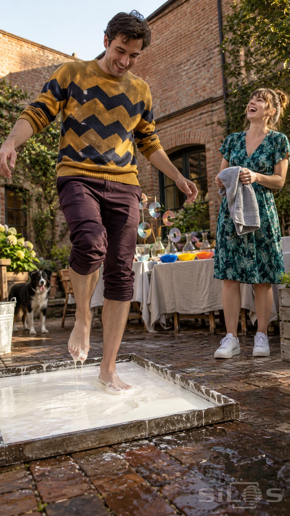 An oobleck experiment in a brick courtyard, with an adult stepping through a shallow tray of pale cornstarch slurry.