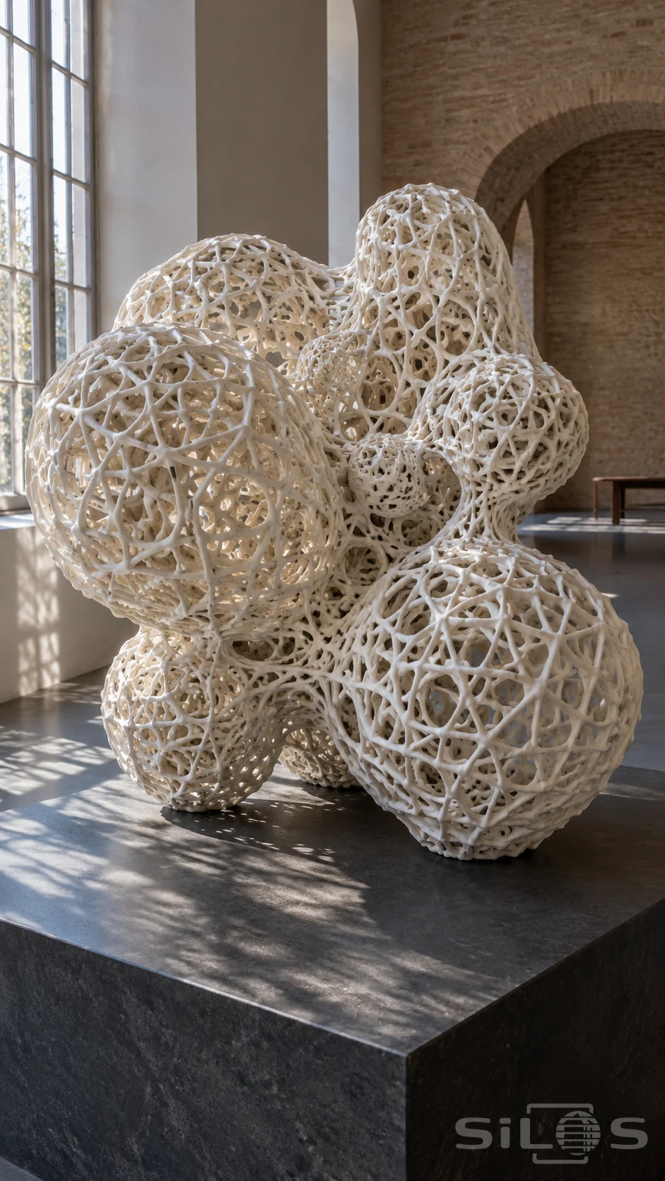 An ivory porcelain sculpture of hollow rounded lobes and looping rods rests on a dark plinth beside tall windows.