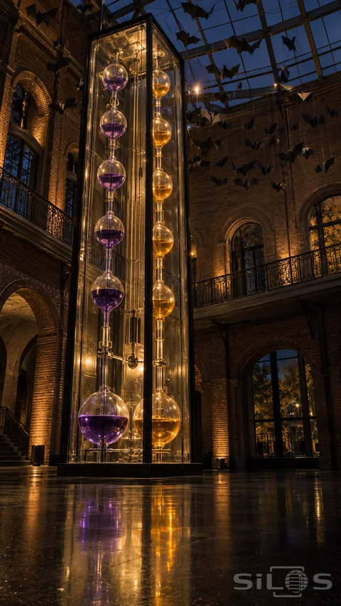 A tall water clock with violet and amber glass vessels stands beneath hanging paper bats in a dark brick atrium.