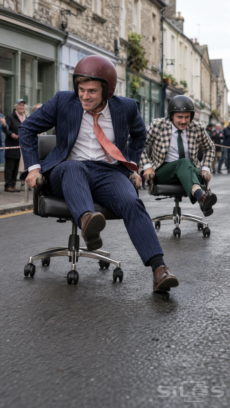An office chair race with two helmeted men in a pinstripe suit and checked jacket riding small rolling chairs along a street.