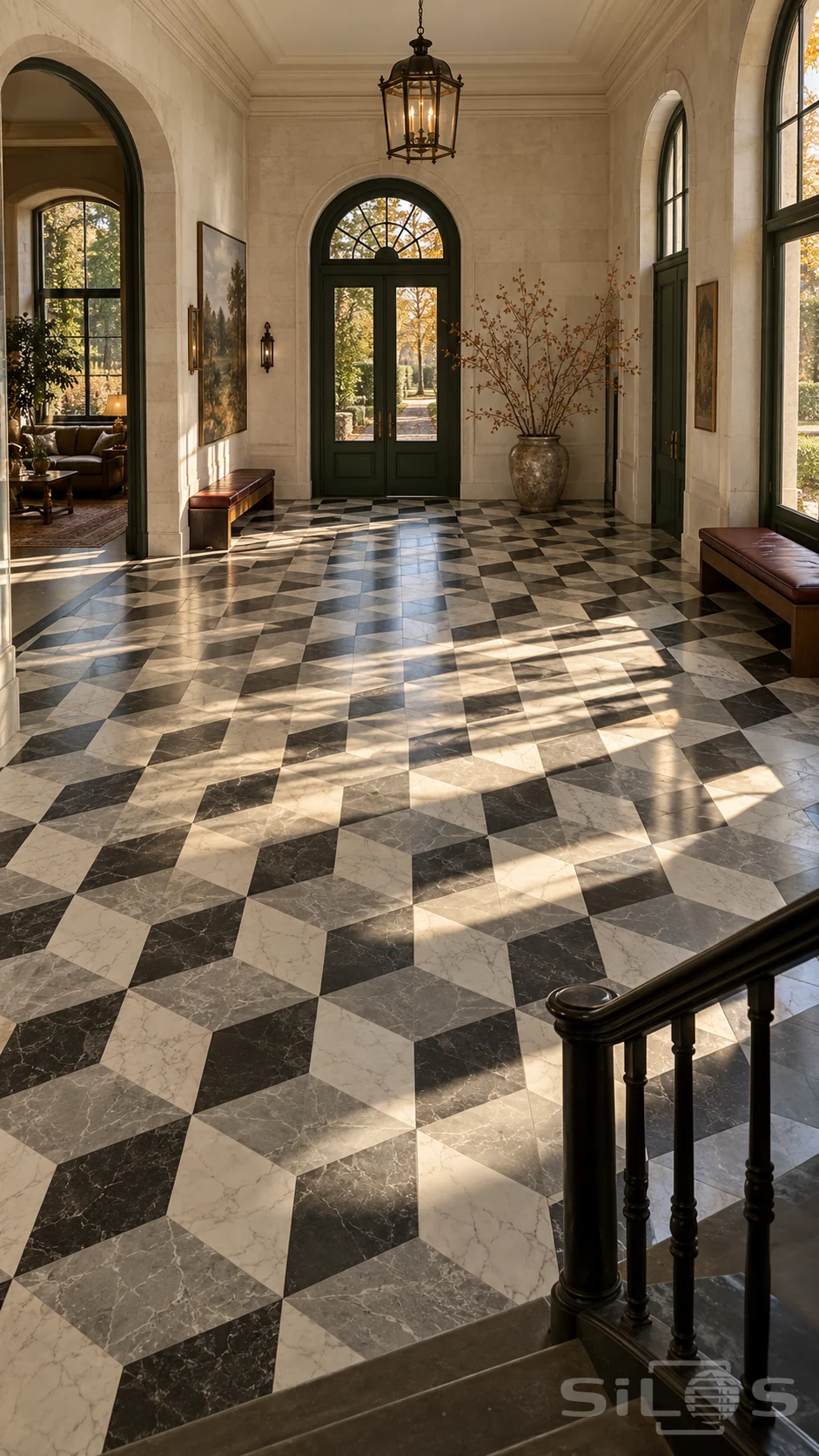 White, grey and charcoal marble rhombi form an optical cube pattern across a sunlit hall with green doors.