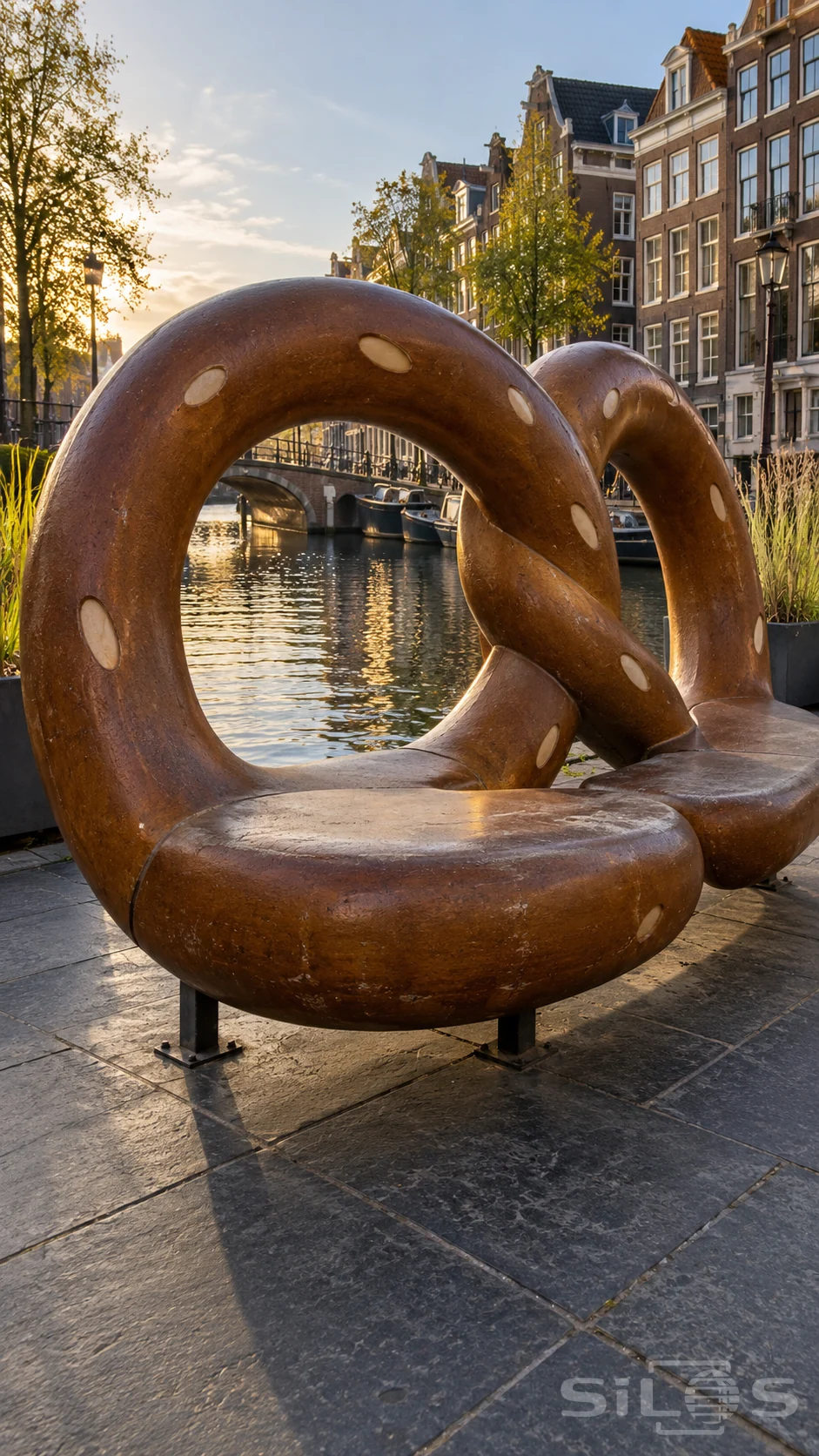 A giant pretzel bench with crossed brown curves and broad looped seats stands beside canal water and brick houses in evening light.