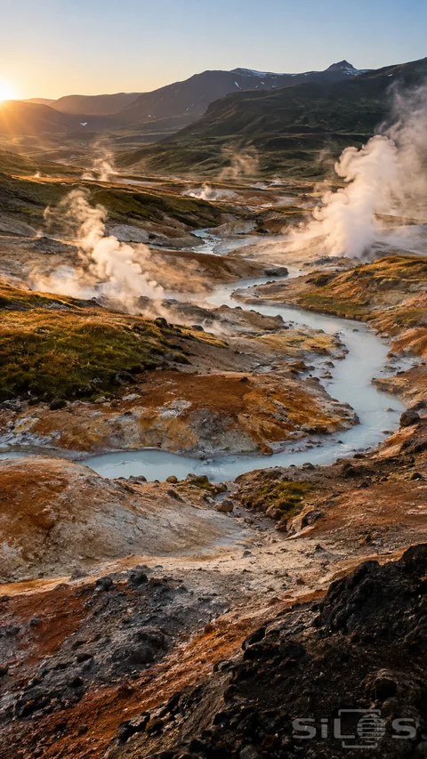 White steam rises from a geothermal valley around orange and yellow mineral ground and a pale winding stream.