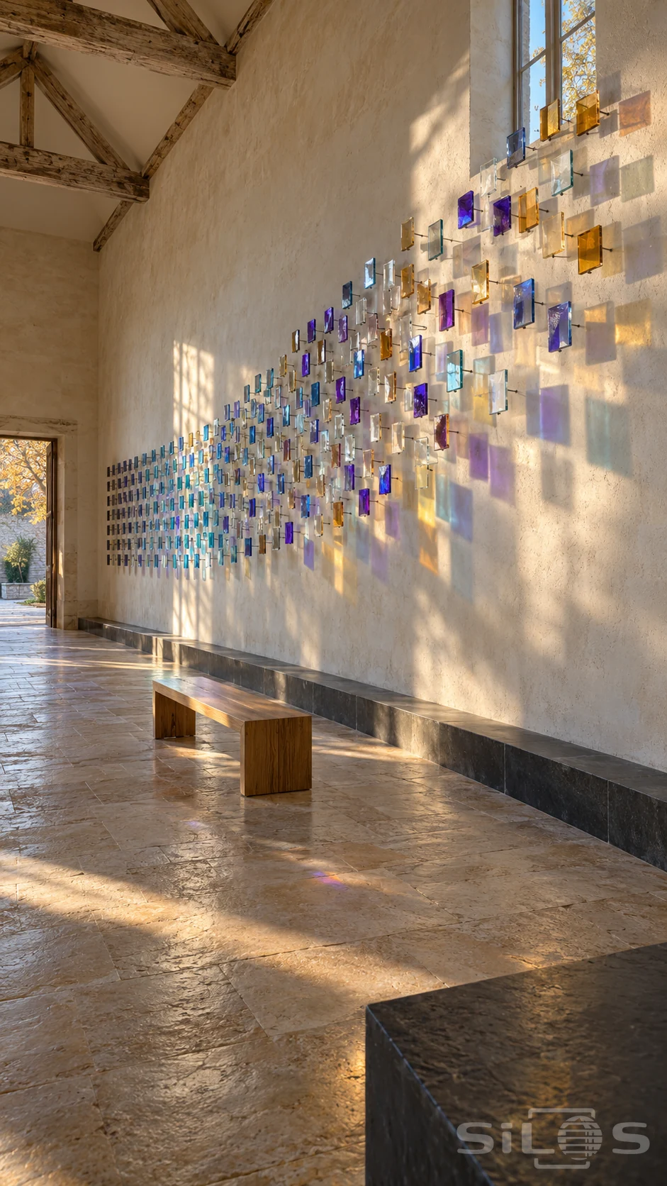 Rows of small blue, violet and amber glass squares project from a tall gallery wall and cast colored shadows.