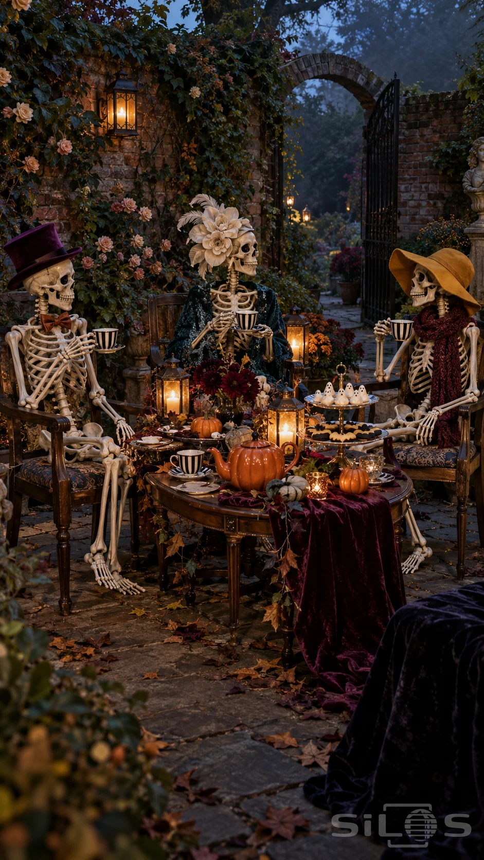 Skeleton garden tea with three plastic skeletons wearing hats and scarves around a pumpkin teapot and treats in a lantern-lit walled garden.