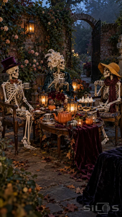 Skeleton garden tea with three plastic skeletons wearing hats and scarves around a pumpkin teapot and treats in a lantern-lit walled garden.