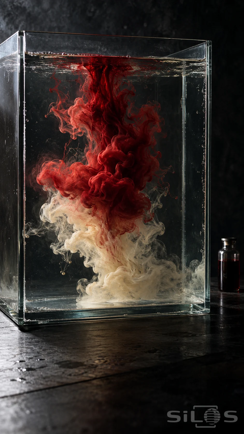 Cloud tank photography with crimson pigment and a cream plume curling through clear water behind visible glass edges.