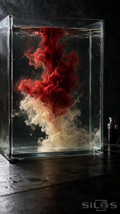 Cloud tank photography with crimson pigment and a cream plume curling through clear water behind visible glass edges.