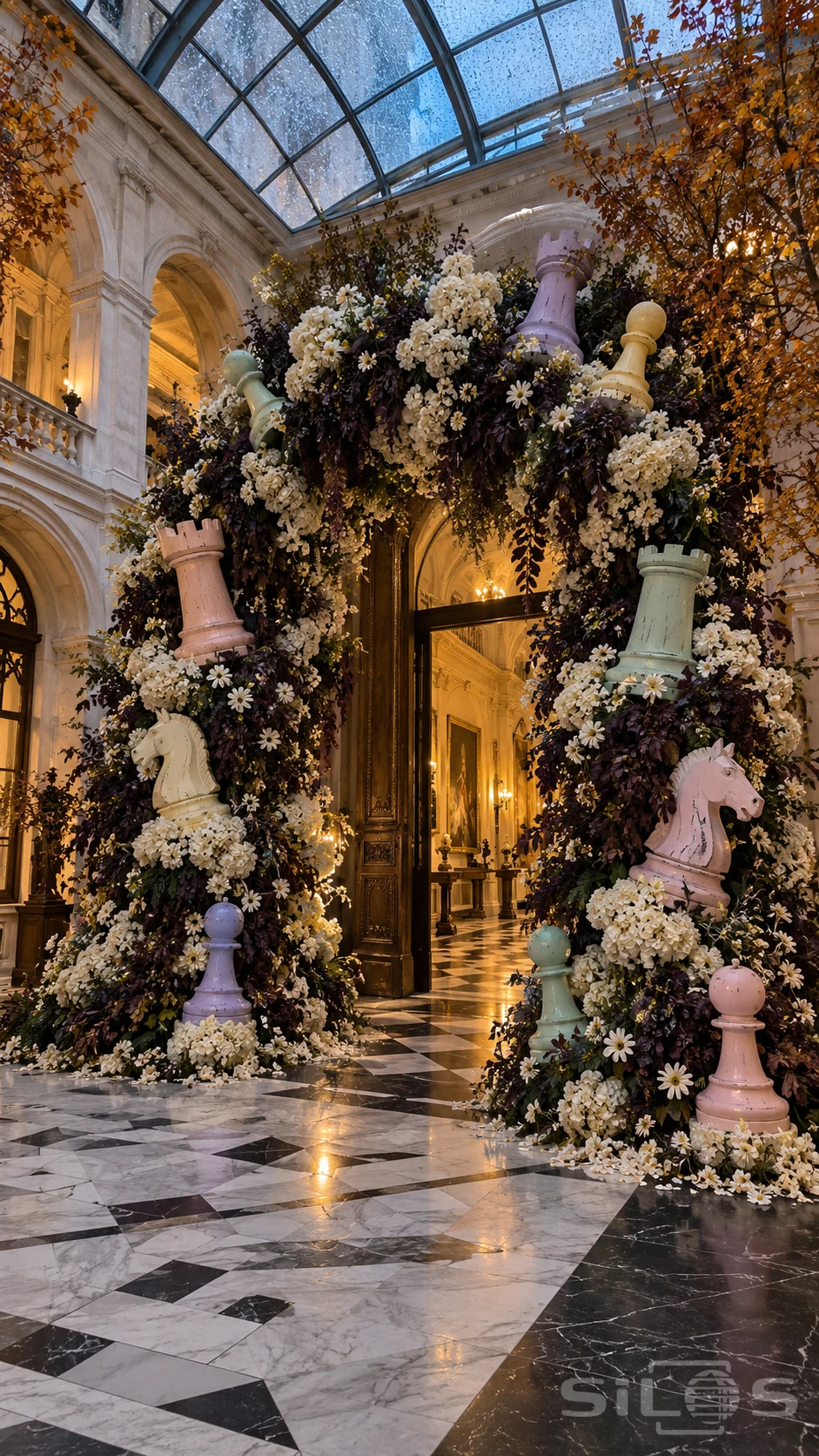 A tall arch of ivory flowers and dark foliage holds oversized pastel rooks, knights and pawns in a marble courtyard.