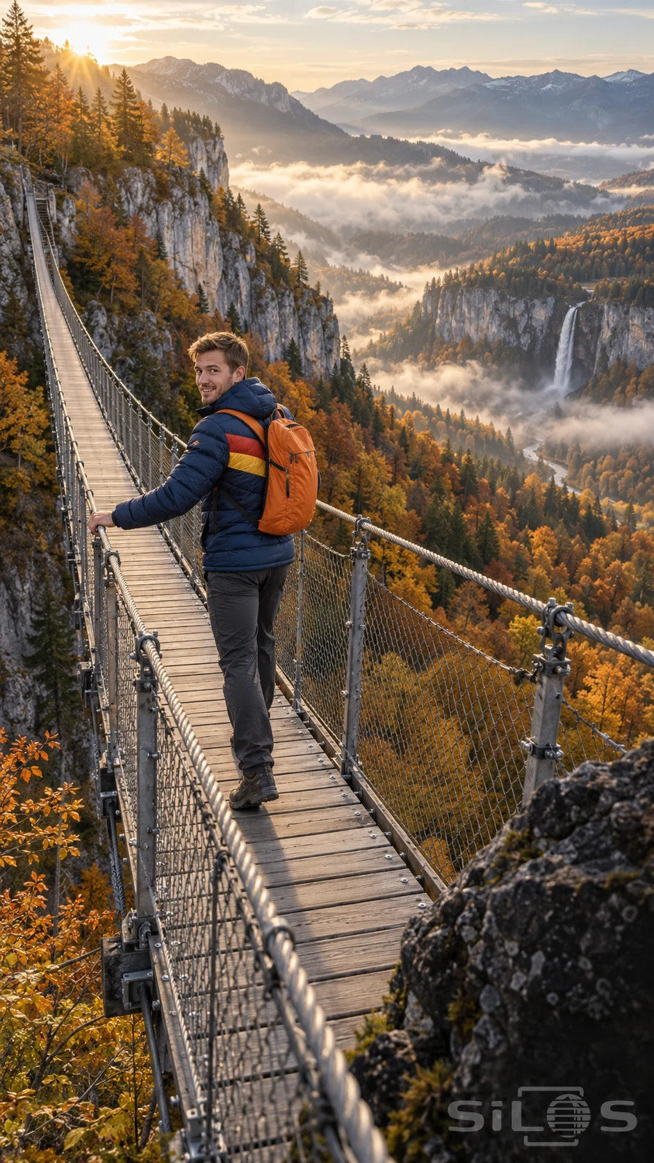 A man in a navy, red and yellow color block jacket crosses a suspension bridge above a golden autumn valley.