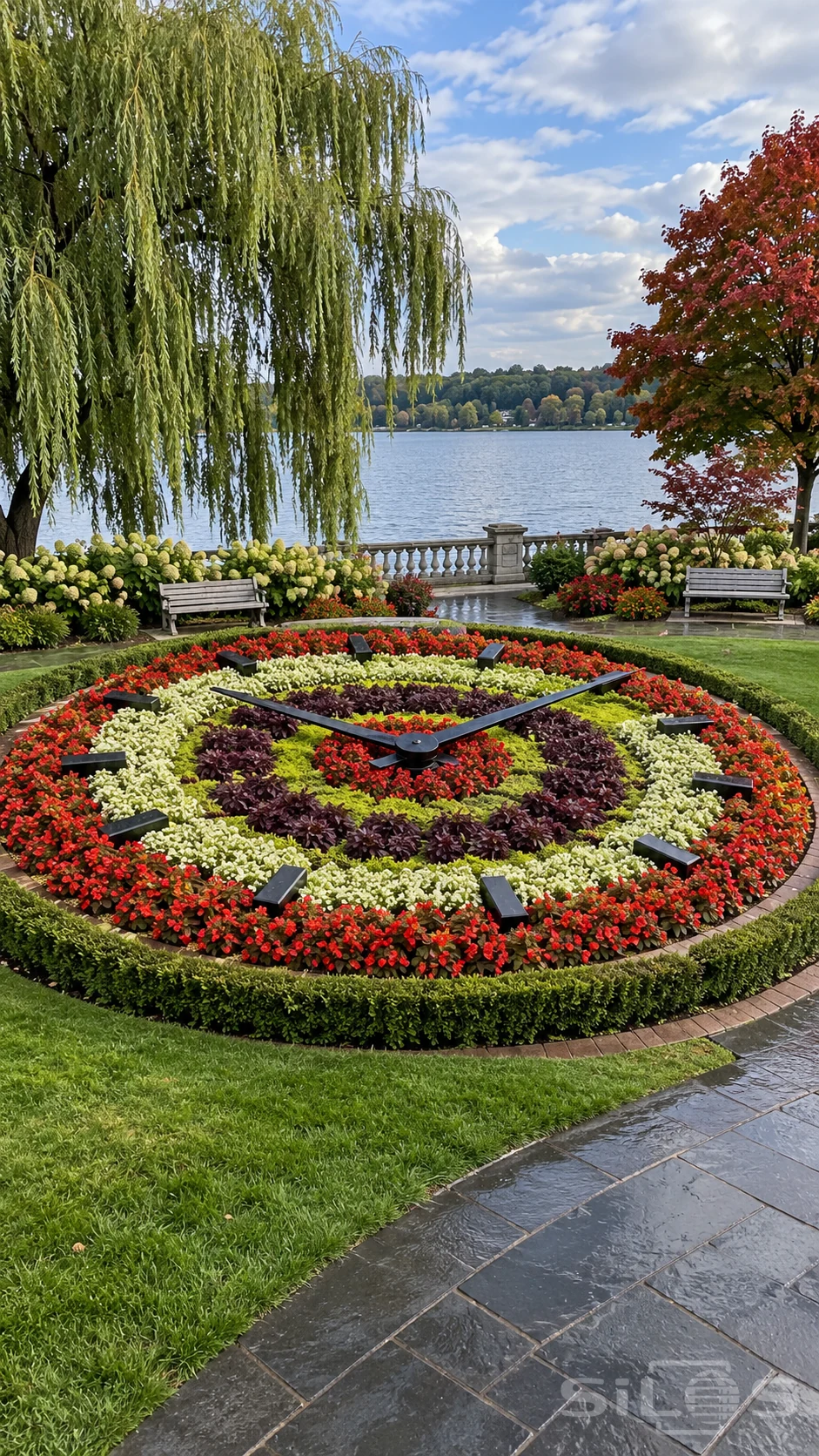 A floral clock with dark metal hands rises above a circular flower bed beside a lake and wet park promenade.