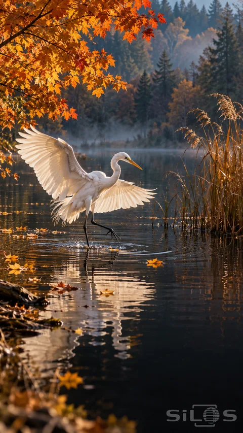 A white egret spreads its wings while landing in a dark pond beneath orange maple leaves beside copper reeds.