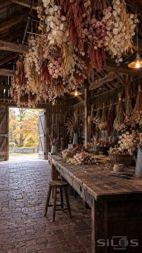 Papery dried flowers hang beneath timber barn rafters above a florist worktable, with an autumn orchard visible through open doors.