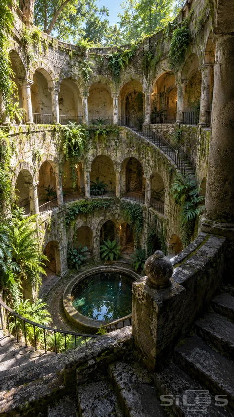 A sunken garden courtyard descends through several tiers of stone arches.