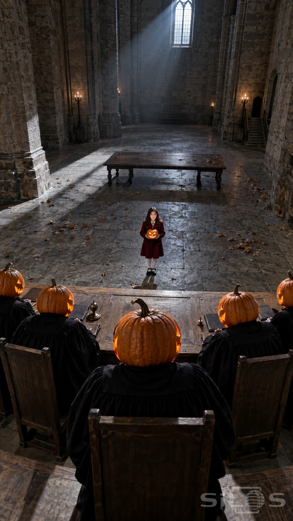 From behind five pumpkin-headed judges, a girl in a burgundy coat holds her own glowing pumpkin in a vast hall.