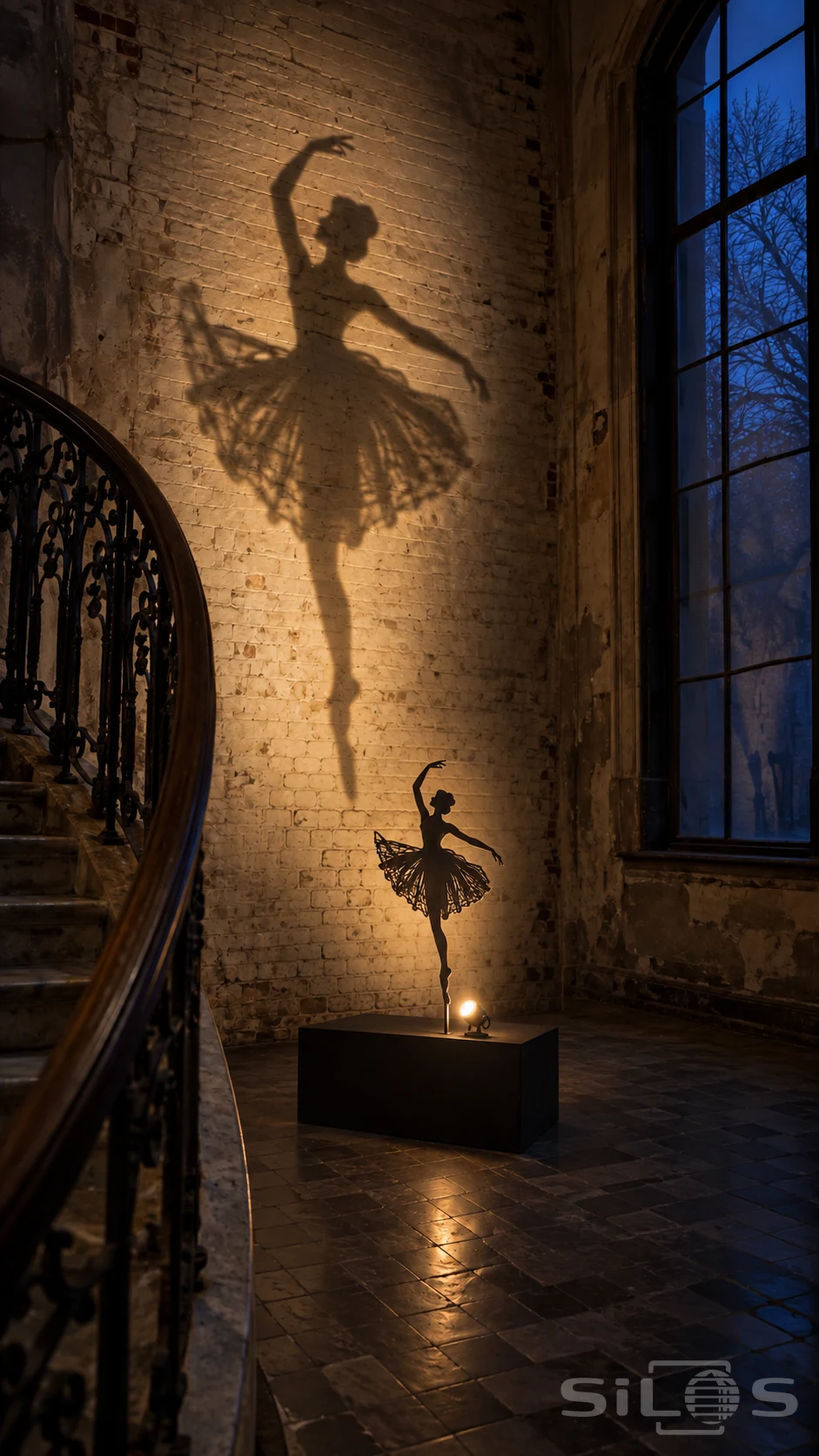 A dancer shadow sculpture with a small metal ballerina and spotlight casting a large silhouette onto a brick stairwell wall.