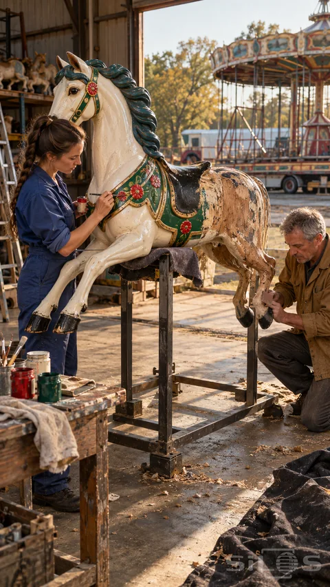 Two craftspeople work on a carousel horse restoration; painting floral trim and sanding a wooden leg in a workshop.