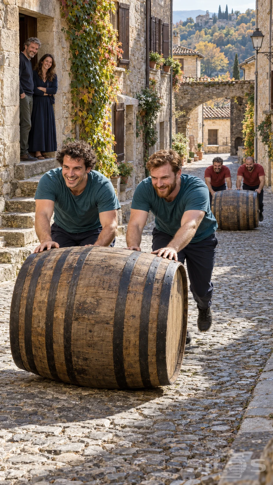 Two men in teal shirts roll a large oak barrel uphill on a cobbled lane, followed by a red-shirted team as two adults watch from a doorway.