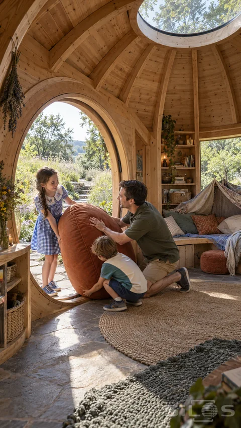 A father and two children turn a large round door cushion through the entrance of a timber retreat beside a furnished blanket nook.