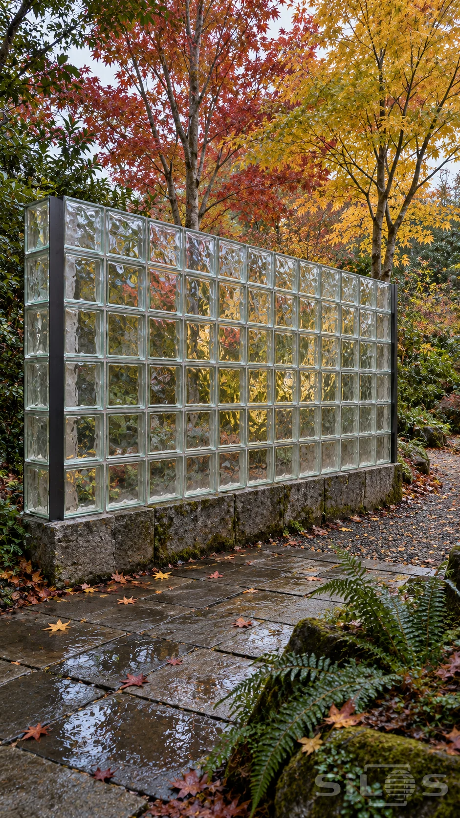 Clear rippled glass blocks in a supported garden screen above a mossy stone base, with autumn maples, wet paving and ferns.