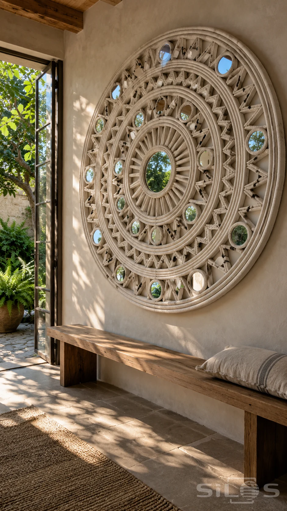 A large circular wall piece of rolled paper rods and small round mirrors hangs beside an open garden door.