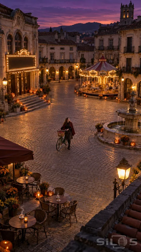 From a rooftop; a lone woman with a green bicycle stands in a glowing empty square beside a carousel and café.