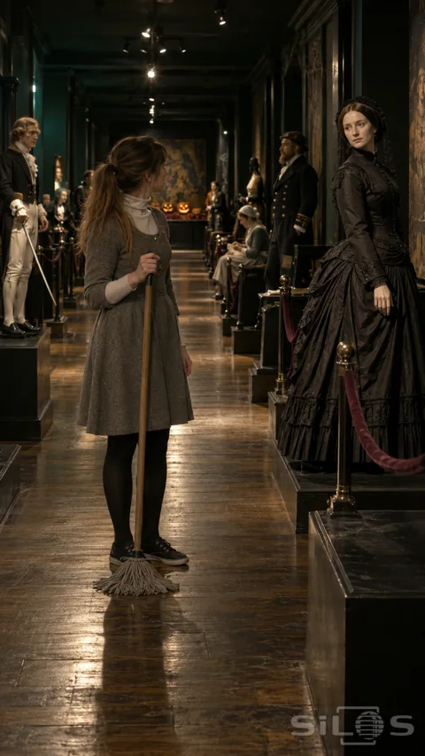 A woman holding a stationary mop looks at a black-gowned wax lady in a dim museum gallery.