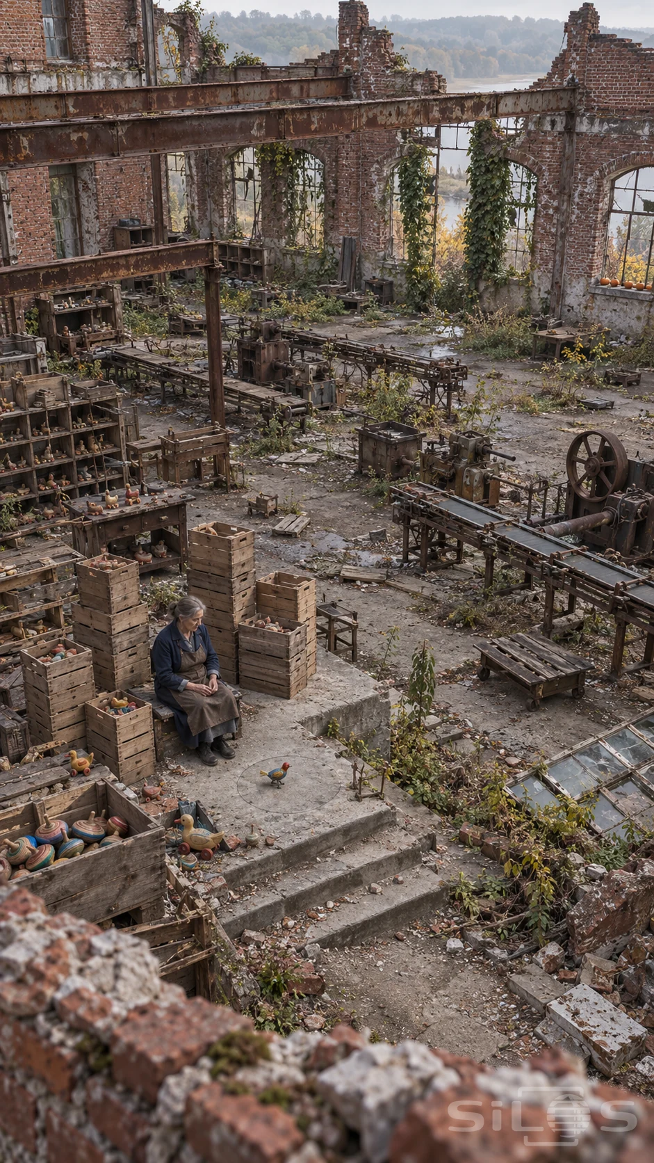A woman sits among stacked wooden toy boxes above a small tin bird in a roofless brick factory filled with rusted machinery.