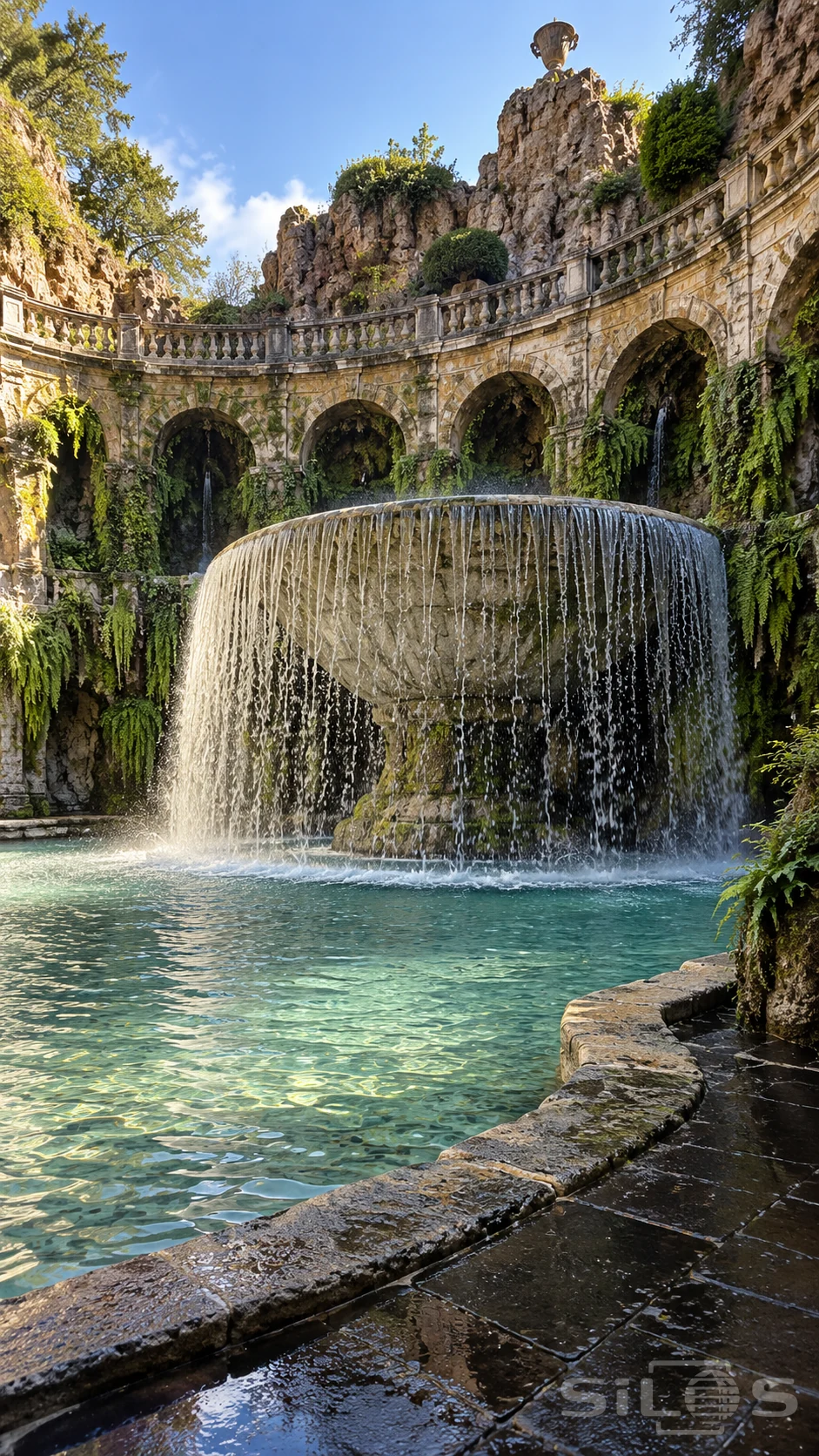 A monumental overflowing stone bowl forms a curtain of water before a curved grotto arcade covered in ferns.