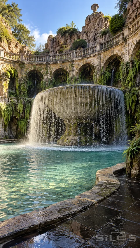 A monumental overflowing stone bowl forms a curtain of water before a curved grotto arcade covered in ferns.
