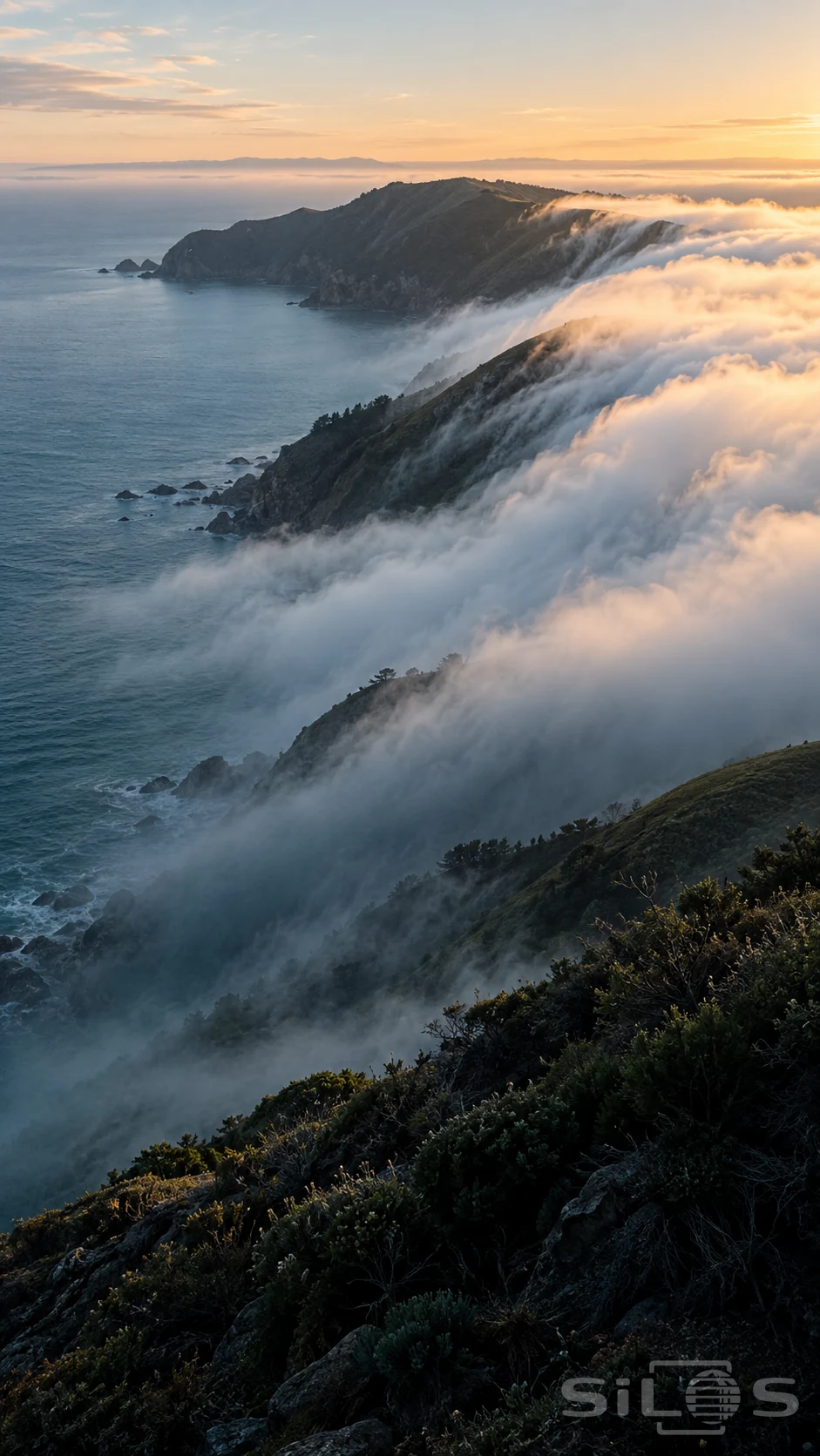 White fog flows over a coastal ridge toward blue water, with dawn light on its upper layers and dark scrub on the near slope.