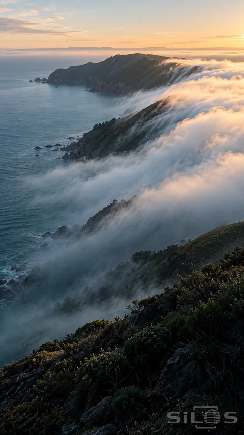 White fog flows over a coastal ridge toward blue water; with dawn light on its upper layers and dark scrub on the near slope.