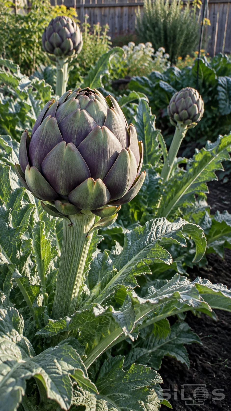 A closed artichoke bud with green and purple bracts rises on a thick stem above silver-green leaves, with two smaller buds behind.