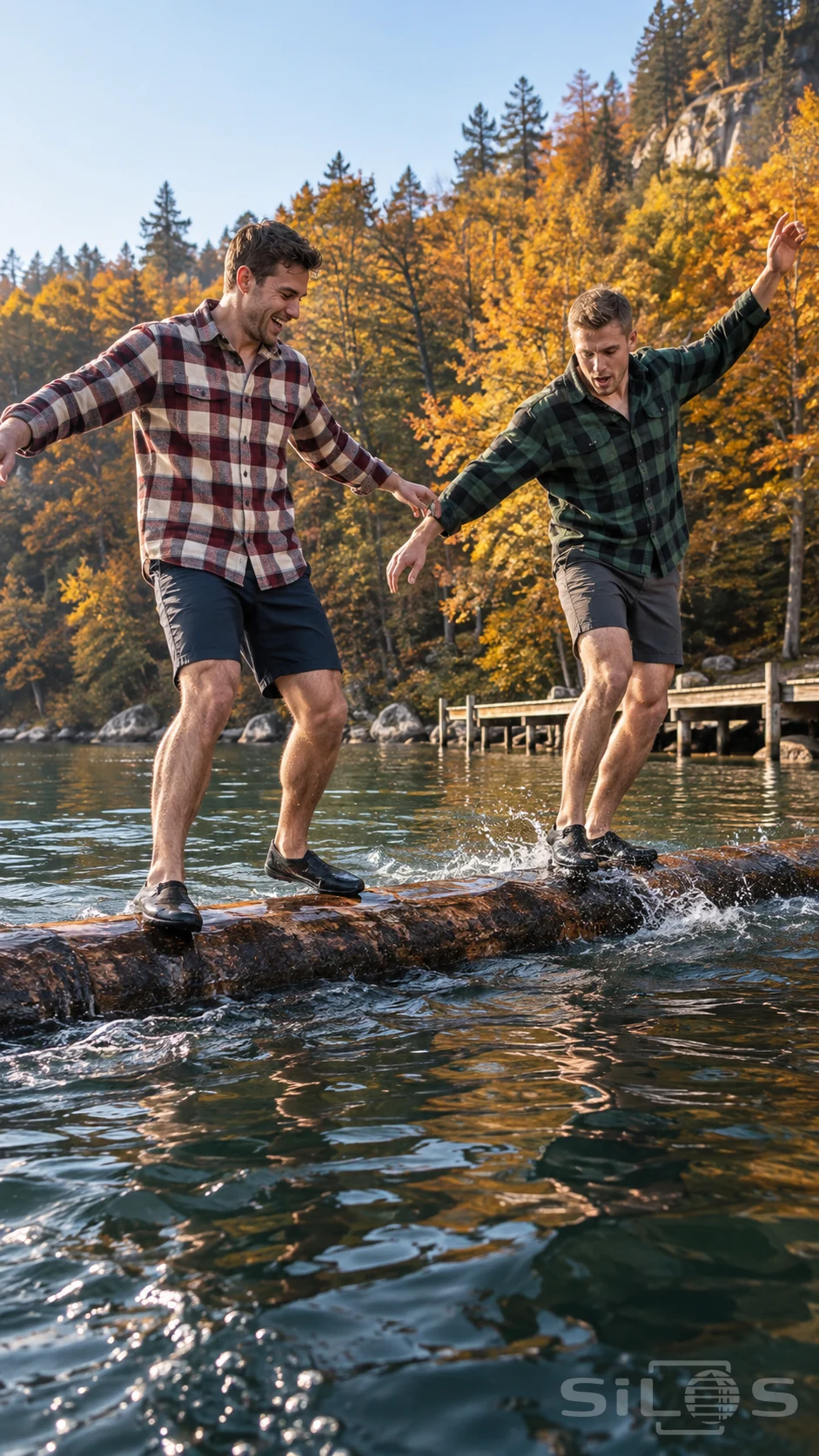 Log rolling rivals in checked shirts balancing on floating timber above green lake water.