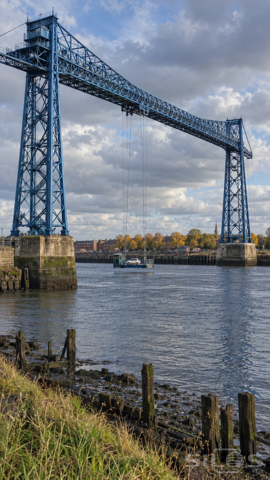A transporter gondola hangs below a blue steel bridge over a tidal river beside autumn trees and old timber posts.