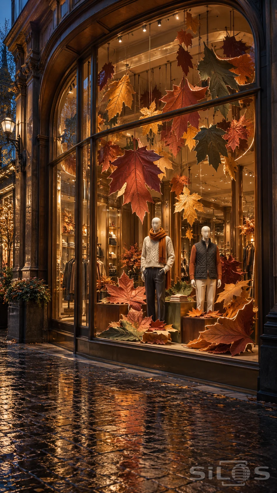 A tall curved shop window filled with hanging autumn leaves and two mannequins in knitwear above rain-dark cobbles.