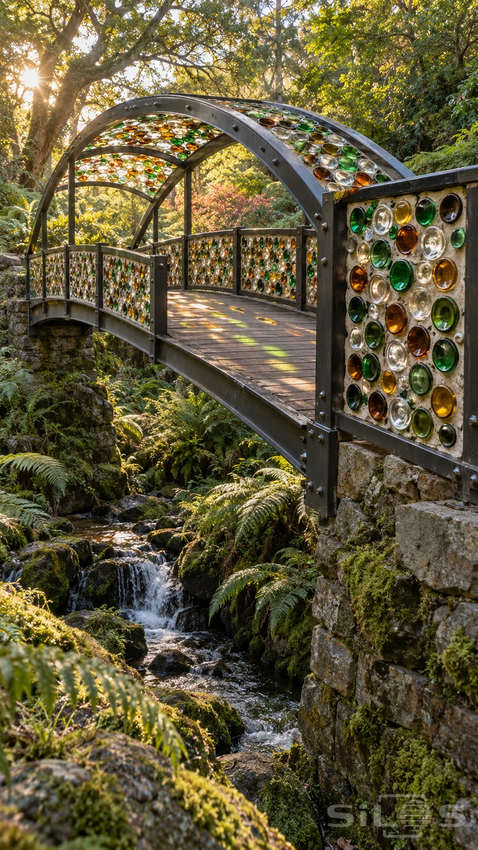 An empty bottle glass bridge with steel arches and amber, green and clear glass panels spans a moss ravine above a small stream.