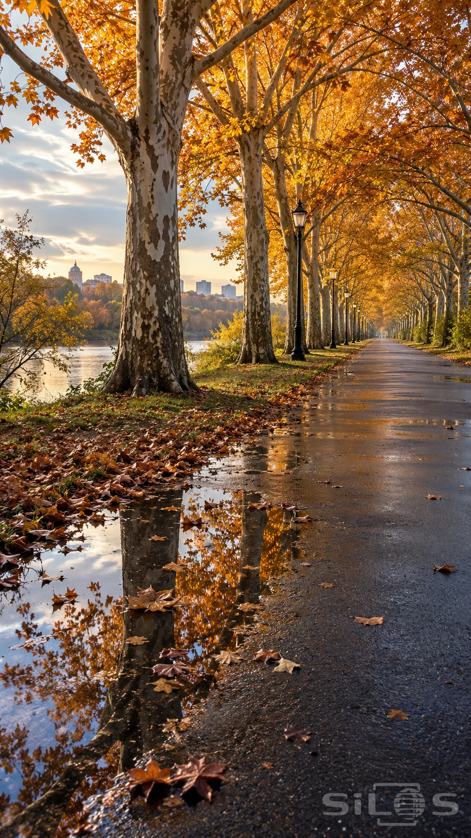 A golden avenue of plane trees borders quiet water beside a wet path with amber leaves and long puddle reflections.