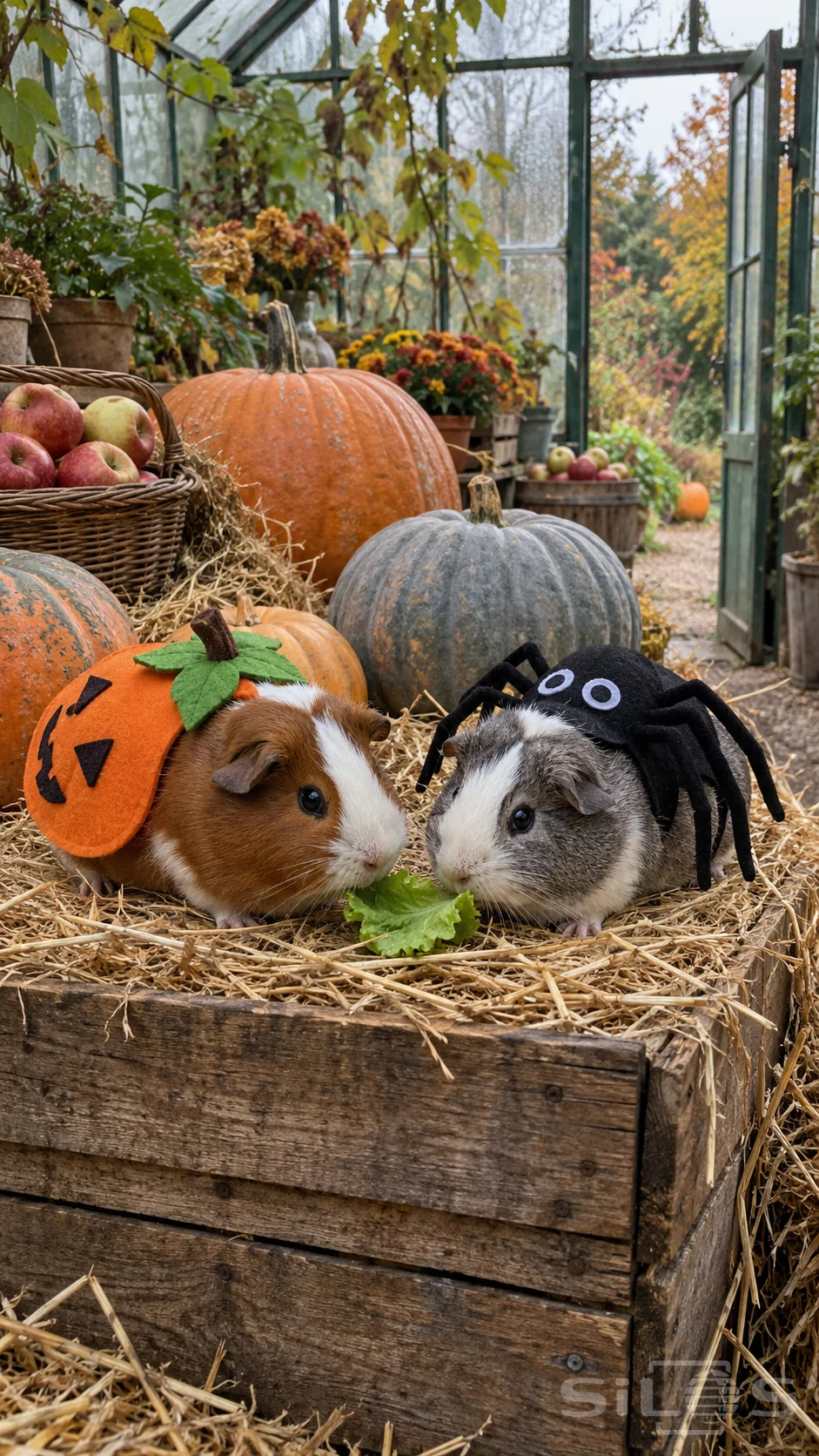 Two guinea pigs in felt pumpkin and spider costumes share a lettuce leaf on straw, surrounded by pumpkins inside an autumn greenhouse.