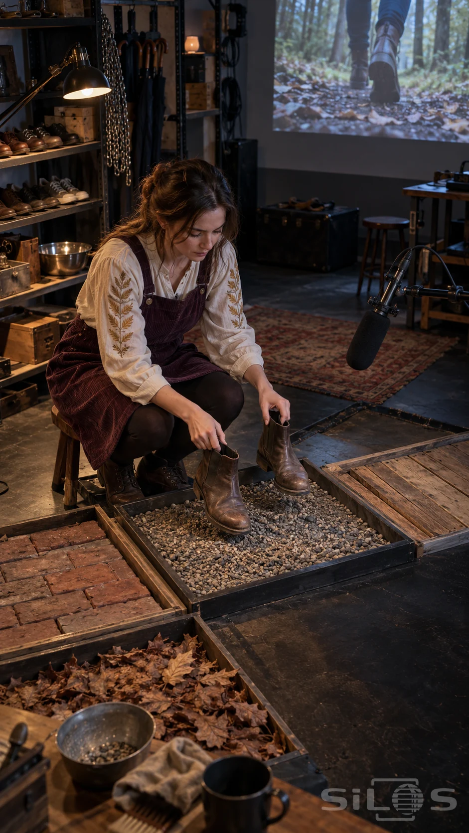 Foley studio footsteps created by an adult using two empty boots in a gravel pit among varied floor panels.