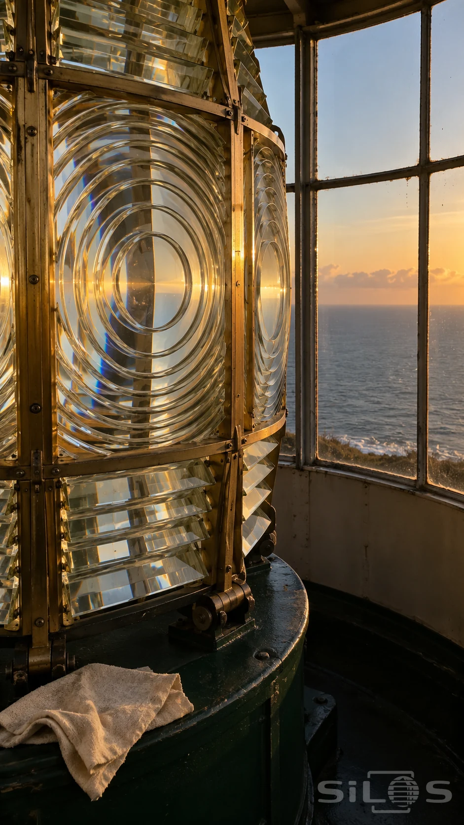 Fresnel lighthouse lens with concentric glass rings, brass supports and a green base beside windows overlooking the evening sea.