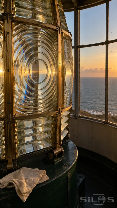 Fresnel lighthouse lens with concentric glass rings; brass supports and a green base beside windows overlooking the evening sea.