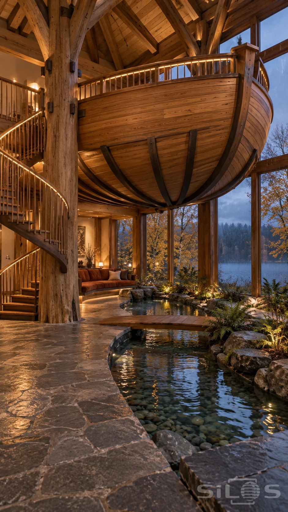 A wooden boat-hull balcony projects above a small indoor stream and bridge beside tall windows overlooking an autumn lake.