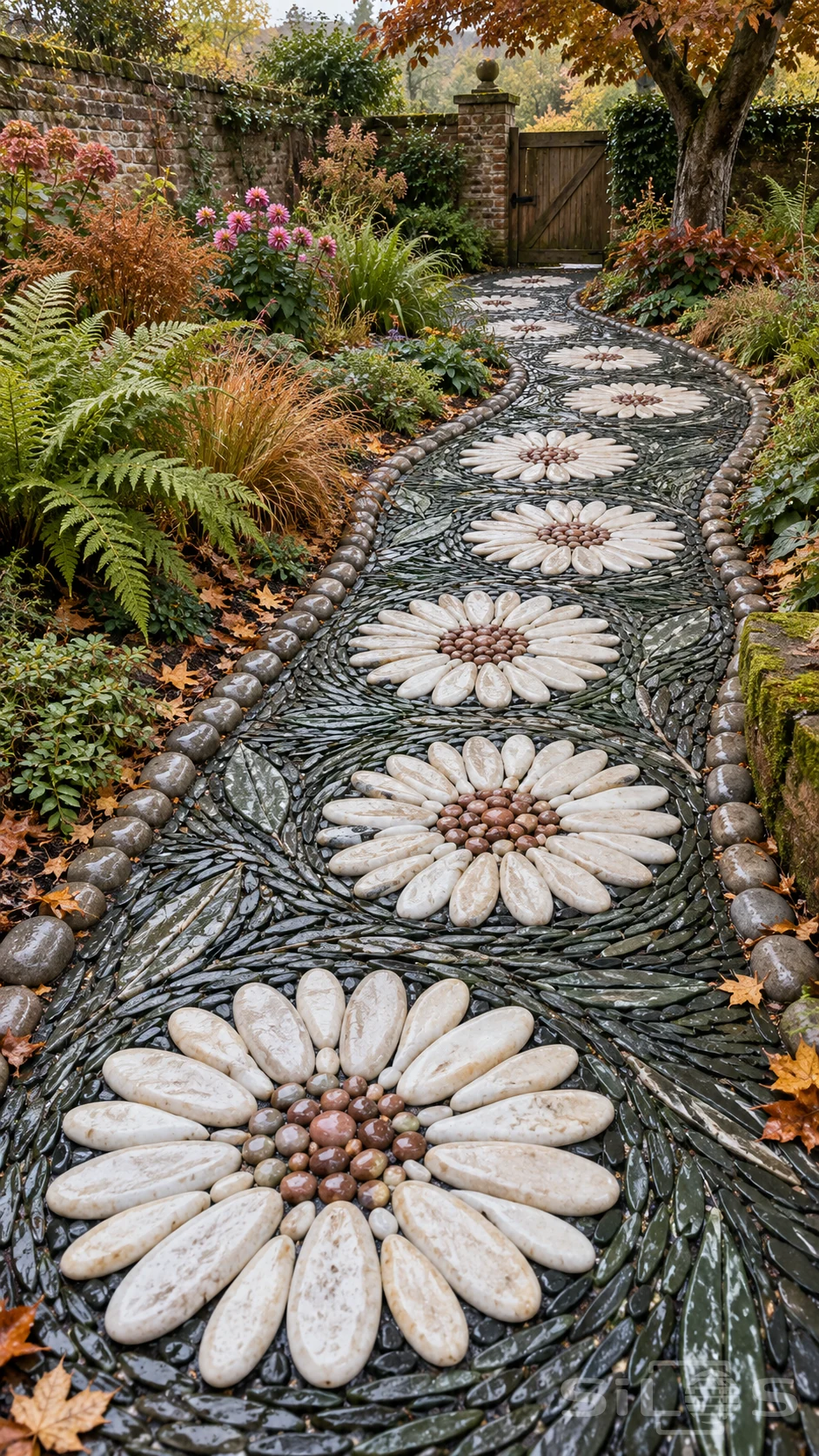 Large white pebble flowers with pink stone centres curve through dark slate paving toward a timber gate in a lush autumn garden.