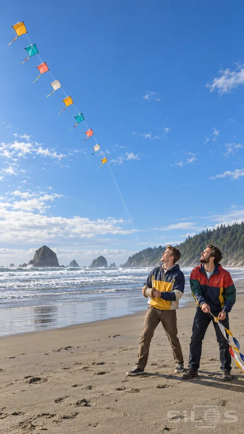 Colorful kites form a kite train above two friends holding a reel and streamers on broad coastal sand beside white surf.