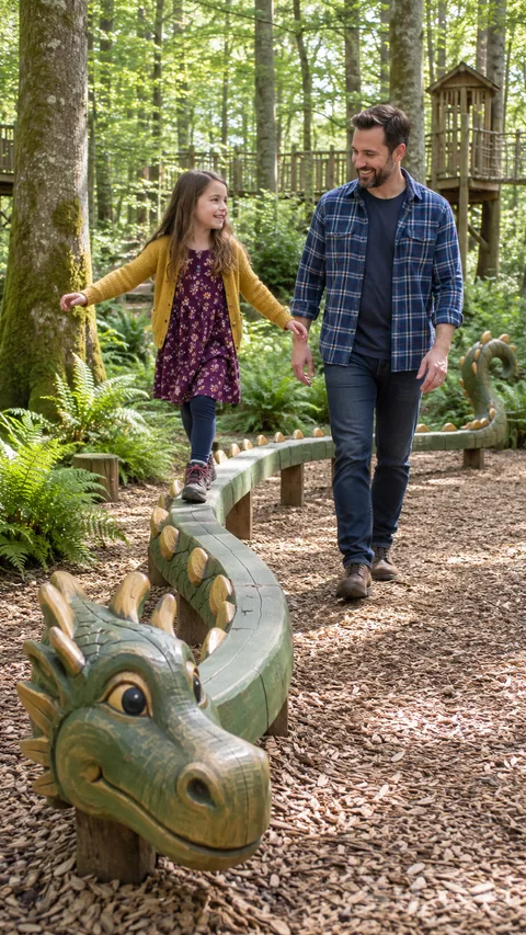 A girl balances on a low carved dragon balance trail while her father walks beside her on a woodchip path beneath green woodland.