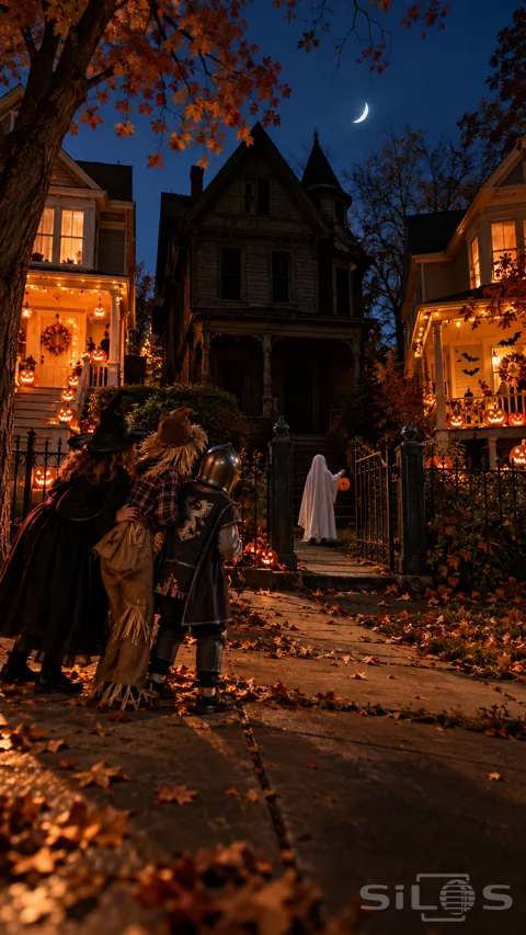 Three costumed children watch a sheet ghost approach the unlit Victorian house between two glowing Halloween porches.