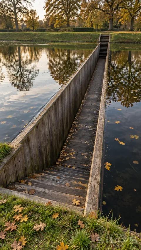 Steps descend into a dry wooden trench through a moat; with water almost level with the tops of its walls.